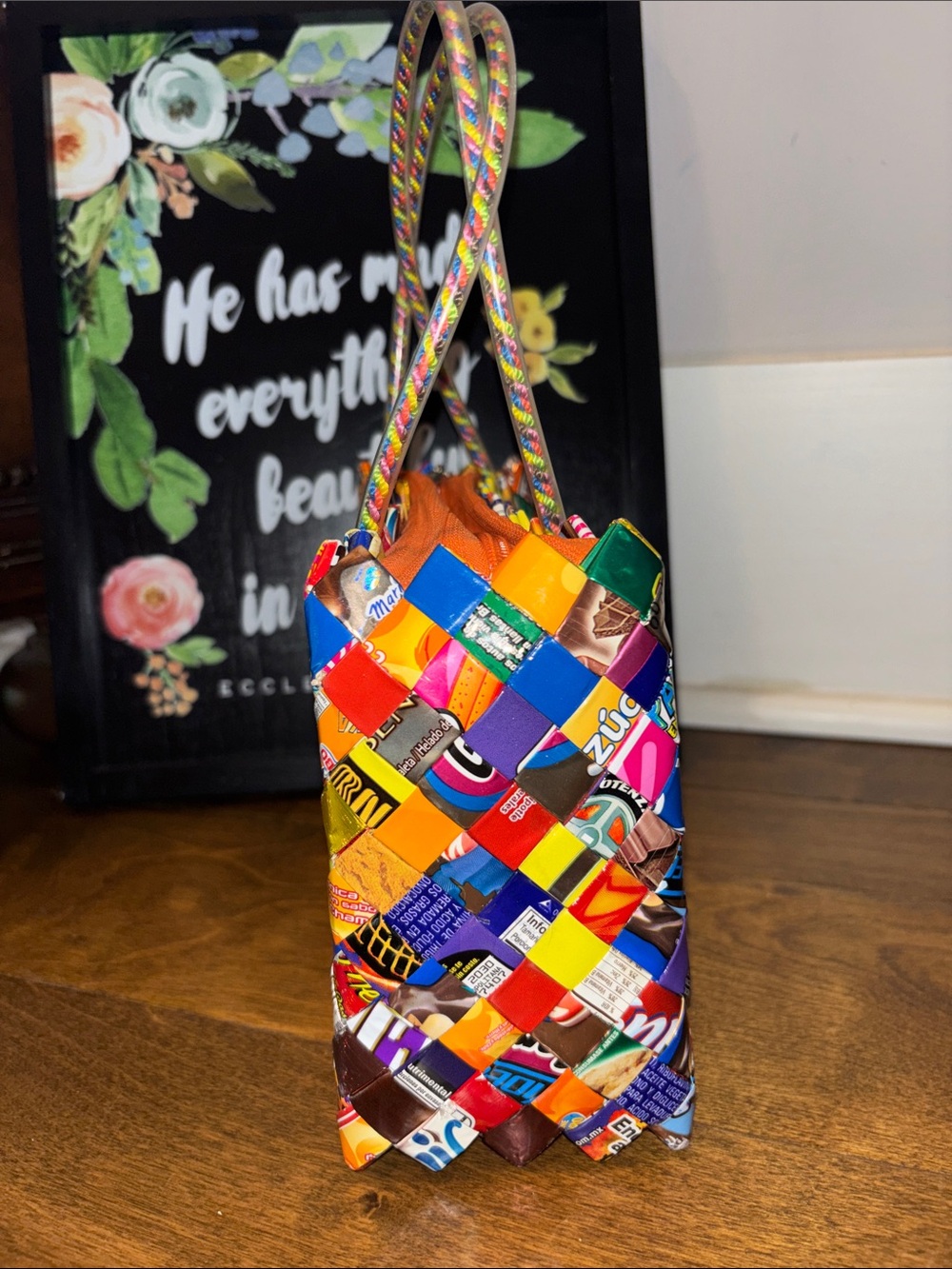 Vtg Handwoven Multicolor Recycled Snack Wrapper Hand Bag - Picture 11 of 14